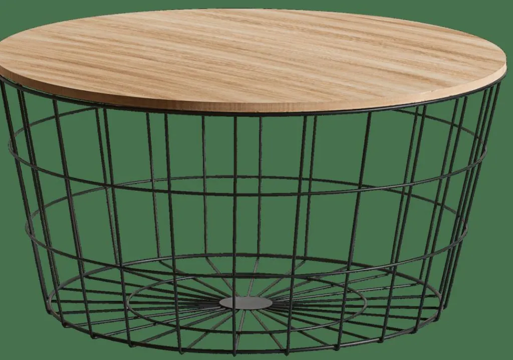 CASA WIRE XL Tavolino Portatutto XL Nero, Naturale- Cesti Di Metallo|Tavoli Da Soggiorno